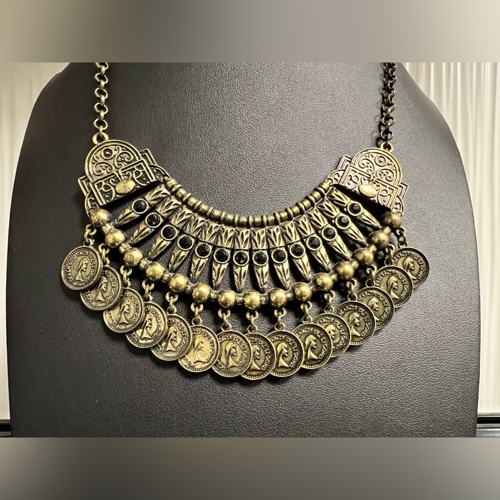 Bib Tribal Gypsy Statement Coin Aged bronze color necklace metal BaubleBar - Picture 3 of 10